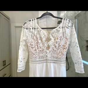Ivory crochet top maxi dress with 3/4 sleeves and side slit. Size medium